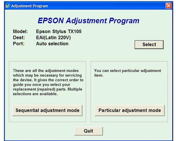 Epson <b>TX100, TX105</b> Service Adjustment Program