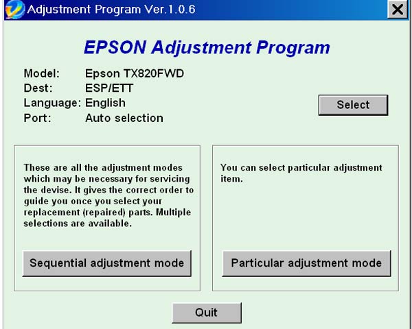 Epson <b>TX820FWD</b> Service Adjustment Program (ESP/ETT)