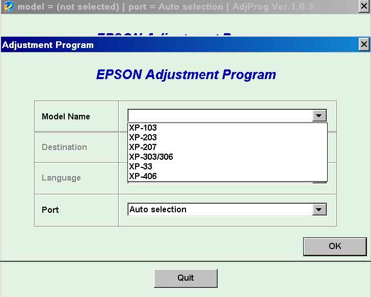 Epson <b>XP-33, XP-103, XP-203, XP-207, XP-303, XP-306, XP-406</b> (CISMEA) Ver.1.0.3 Service Adjustment Program