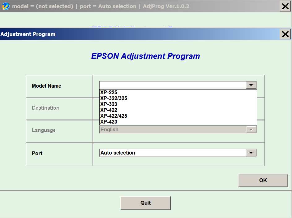 Epson <b> XP-225, XP-322, XP-323, XP-325, XP-422, XP-423, XP-425  </b> (EURO, Belgium) Ver.1.0.2 Service Adjustment Program  <font color=red>New!</font>