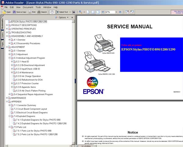Epson <b>Stylus Photo 890, 1280, 1290</b> Printers<br> Service Manual and Parts List