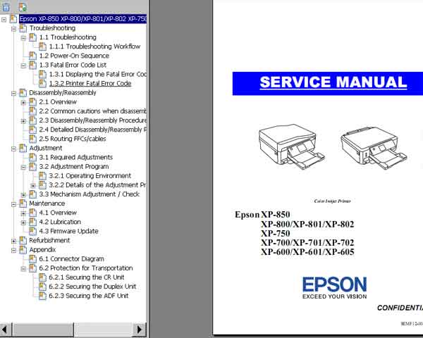 Epson <b>XP-600, XP-601, XP-605, XP-700, XP-701, XP-702, XP-750, XP-800, XP-801, XP-802, XP-850</b> printers Service Manual  <font color=red>New!</font>