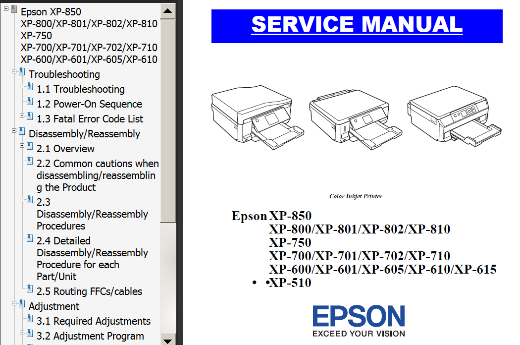 Epson XP-510, XP-600, XP-601, XP-605, XP-610, XP-615, XP-701, XP-702, XP-710, XP-800, XP-801, XP-810, XP-850 printers Service Manual New! - Service Manuals download service