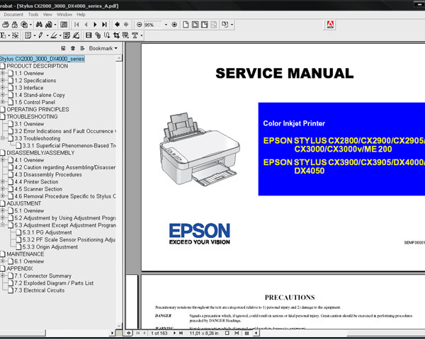 Epson CX2800, CX2900, CX2905, CX3000, CX3000v, ME 200, CX3900, CX3905, DX4000, DX4050 printers Service Manual