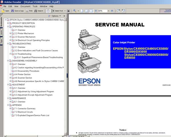 Epson CX4900, CX4905, CX5000, DX5000, DX5050, CX5900, CX6000, DX6000, DX6050, PXA720 Service Manual Epson CX4900, CX4905, CX5000, DX5000, DX5050, CX5900, CX6000, DX6000, DX6050, PXA720 Service Manual