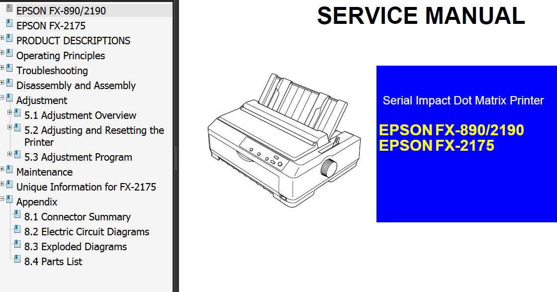 Epson FX-890, FX-2175, FX-2190 Printer Service Manual and FX890, FX2175, FX2190 Parts List