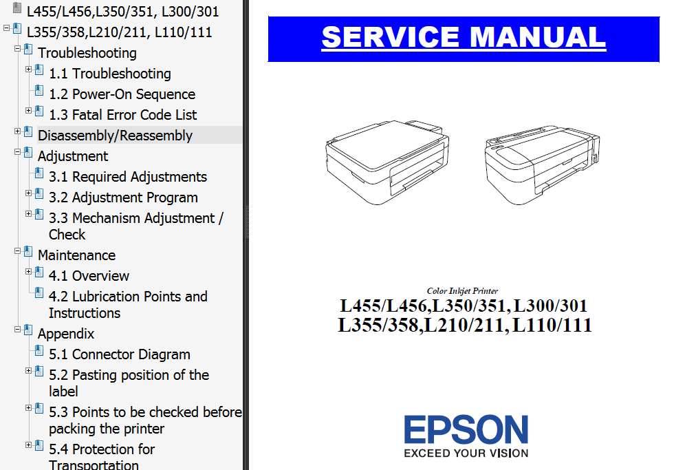 Epson <b>L455, L466, L110, L111, L210, L211, L300, L301, L350, L351, L355, L358</b> printers Service Manual  <font color=red>New!</font>