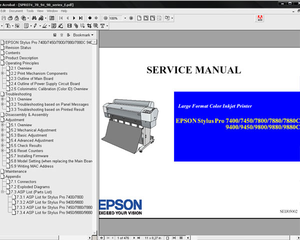 Epson Pro 7400, 7450, 7800, 7880, 7880C, 9400, 9450, 9800, 9880, 9880C printers Service Manual and Parts List <font color=red>New!</font>