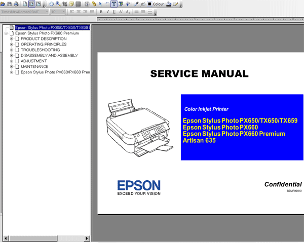 Epson Stylus Photo PX650, PX660, PX660 Premium, TX650, TX659,  Artisan 635 printers Service Manual    <font color=red>New!</font>