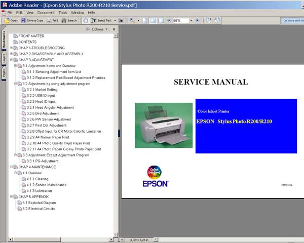 Epson R200, R210 printers Service Manual and Cirquit Diagram