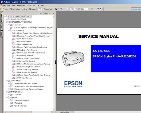 Epson R220, R230 printers Service Manual, Parts List, Exploded View and Cirquit Diagram Epson R220, R230 printers Service Manual, Parts List, Exploded View and Cirquit Diagram