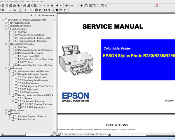 Epson R280, R285, R290, R295 printers Service Manual and Parts List