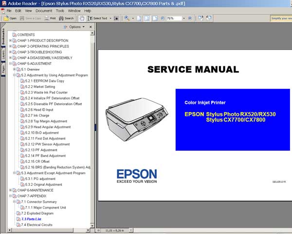 Epson RX520, RX530, CX7700, CX7800, PMA750 Service Manual and Parts List