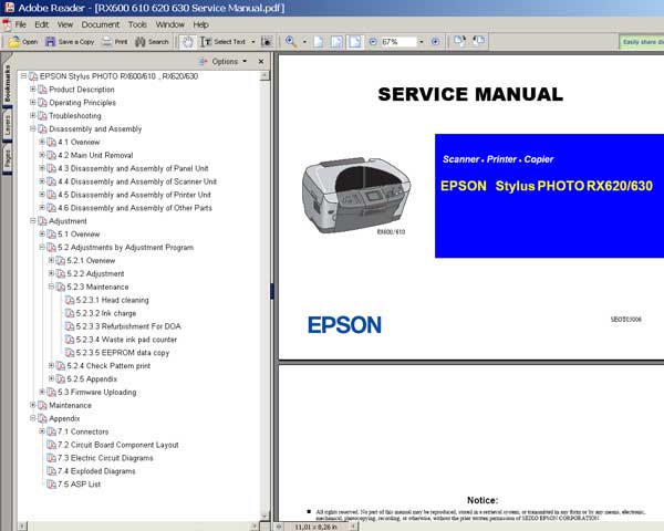 Epson RX620, RX630, PMA870 Service Manual and Parts List