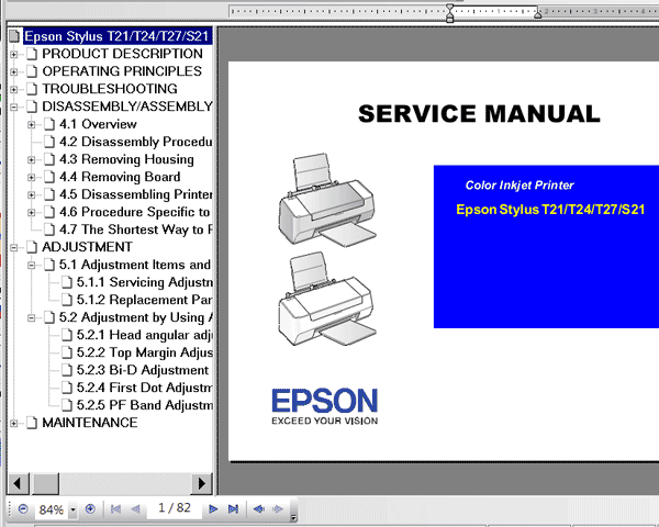 Epson Stylus T21, T24, T27, S21 Service Manual, Parts List and Exploded Views