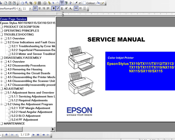 Epson Stylus NX110 / NX115 / SX110 / SX115 / TX110 / TX111 / TX112 / TX113 / TX115 / TX117 / TX119 Service Manual, Exploded View and Parts List