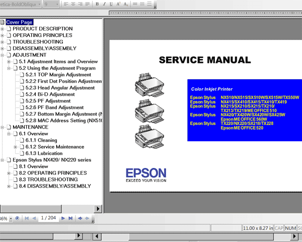 Epson TX210, TX213, TX219, TX220, TX228, TX410, TX419, TX420W, TX550W, NX215, NX220, NX415, NX420, NX510, NX515, SX210, SX215, SX218, SX410, SX415, SX420W, SX425W, SX510W, SX515W,  ME OFFICE 510, 520, 560W  printers Service Manual