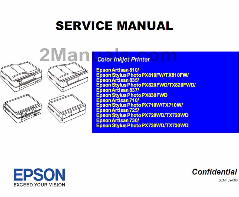 Epson PX710W, PX720WD, PX730WD, PX810FW, PX820FWD, PX830FWD,  TX710W, TX720WD,  TX730WD, TX810FW,  TX820FWD,  Artisan 710, 725, 730, 810, 835, 837, EP804A, EP804AW, EP903A, EP903F, EP904F printers Service Manual  <font color=red>New!</font>