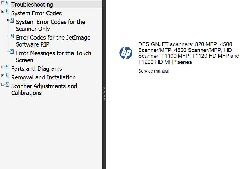 HP Designjet Scanners - 820, 4500, 4520, HD, T1100, T1120, T1200 Service Manual,  Parts  and Diagrams