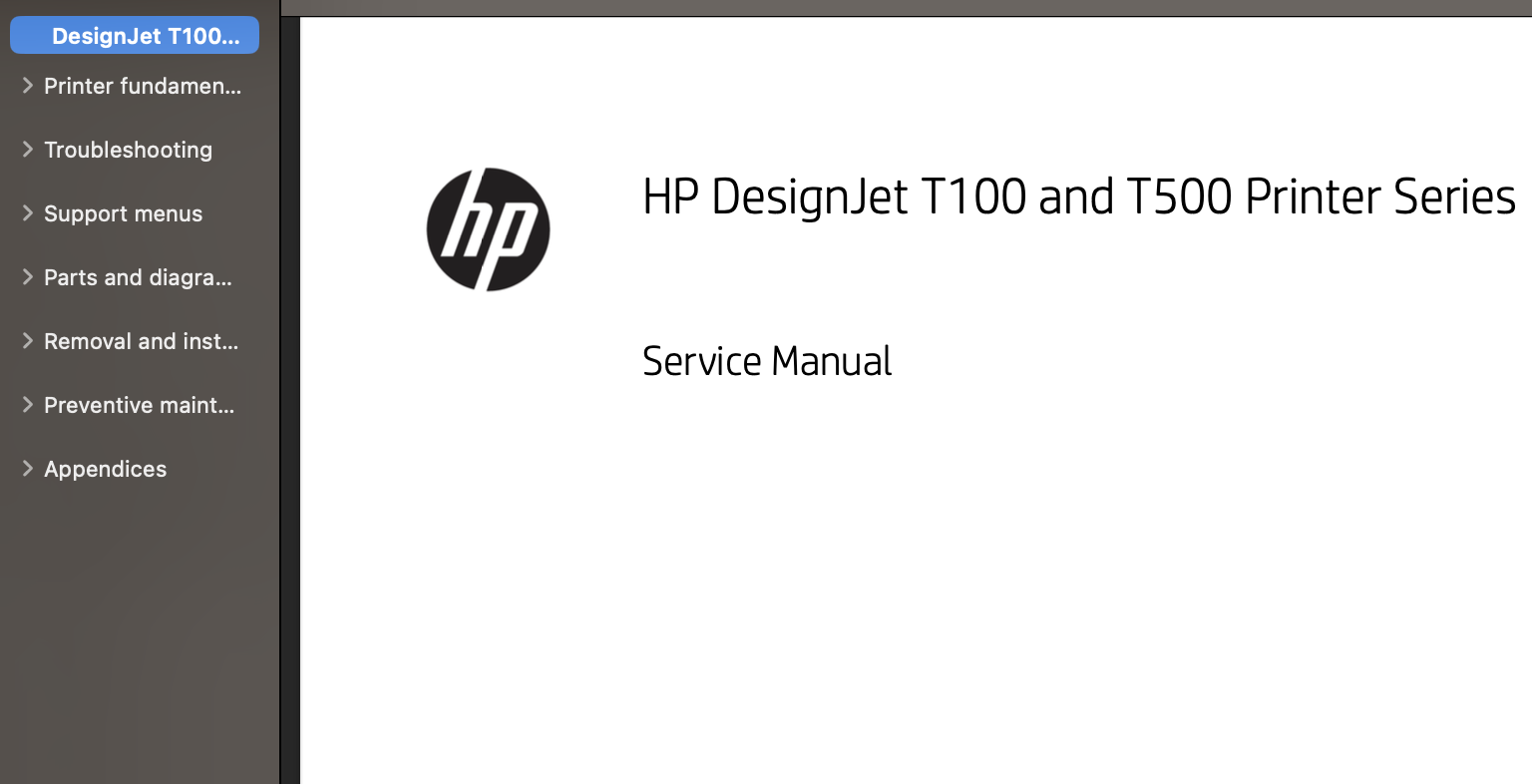 HP Designjet T100, T120, T125, T130, T520, T525, T530  Printers Service Manual,  Parts List and Diagrams