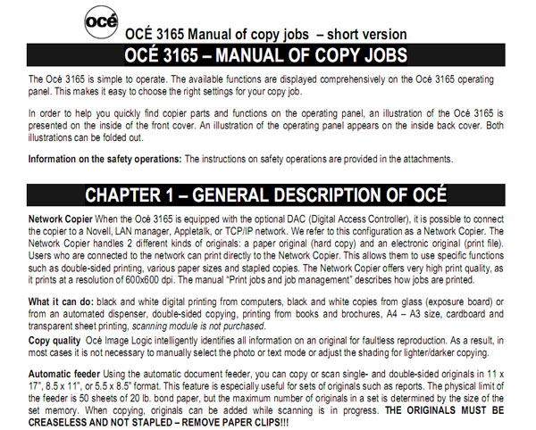 OCE 3165 Manual pf copy jobs (short version) free