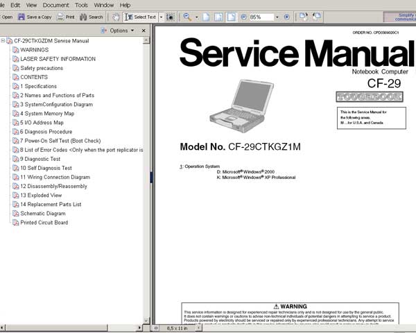 Panasonic TOUGHBOOK CF29 Notebook Computer CF-29 <br>Service Manual, Circuit Diagram and Parts Replacement List  <br> <font color=red>New!</font>