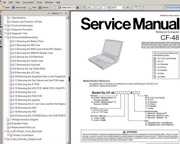 Panasonic TOUGHBOOK CF48 Notebook Computer CF-48 <br>Service Manual, Circuit Diagram and Parts Replacement List  <br> <font color=red>New!</font>