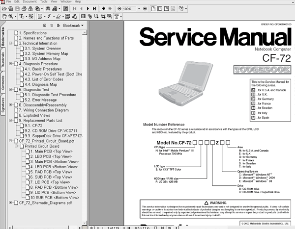 Panasonic TOUGHBOOK CF72 Notebook Computer CF-72 <br>Service Manual, Circuit Diagram and Parts Replacement List  <br> <font color=red>New!</font>