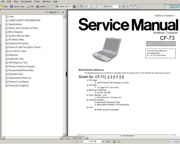 Panasonic TOUGHBOOK CF73 Notebook Computer CF-73 <br>Service Manual, Circuit Diagram and Parts Replacement List  <br> <font color=red>New!</font>