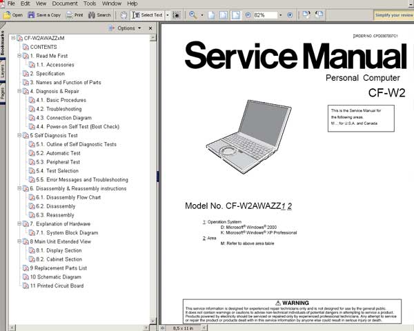 Panasonic TOUGHBOOK CFW2 Notebook Computer CF-W2 <br>Service Manual, Circuit Diagram and Parts Replacement List  <br> <font color=red>New!</font>