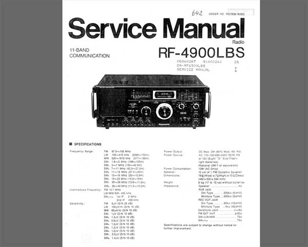 Panasonic RF-4900 / DR-49 shortwave receiver<br>Service Manual and Circuit Diagram<br> <font color=red>New!</font>