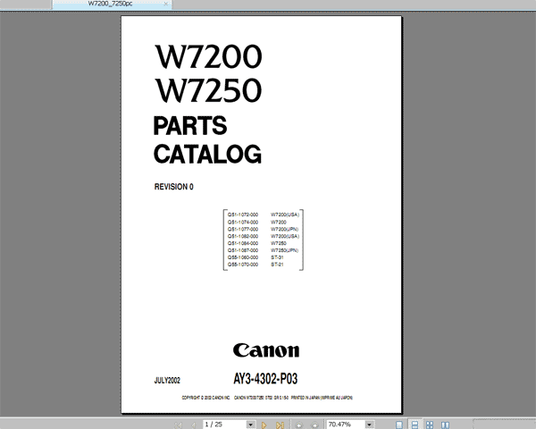 CANON BJ-W7200, W7250 printer  Parts Catalog