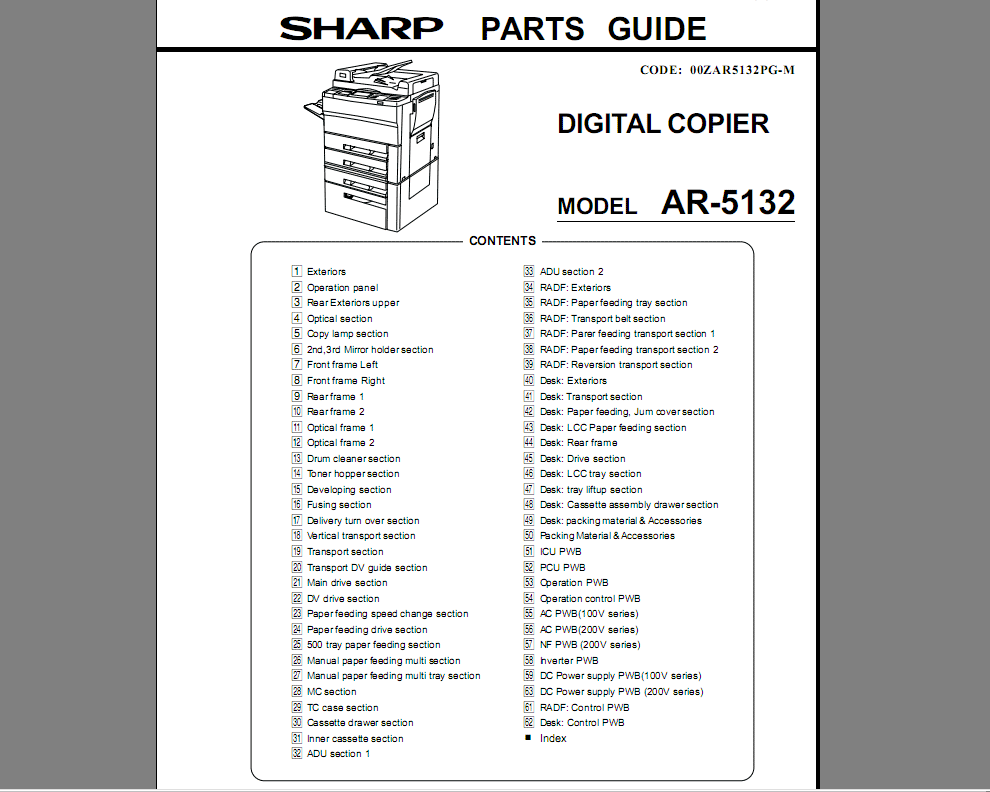 Sharp AR-5125, AR-5132 Digital Copiers Parts Guide (Parts Manual)