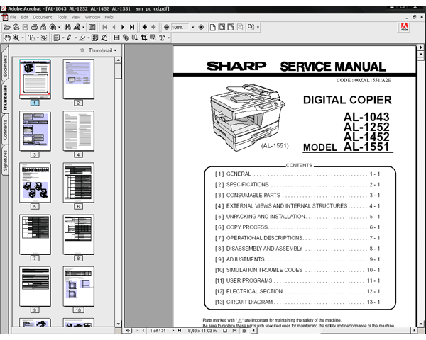 Sharp AL-1043, AL-1252, AL-1452, AL-1551 Digital Copiers <br>Service Manual, Circuit Diagram and Parts List <font color=red>New!</font>