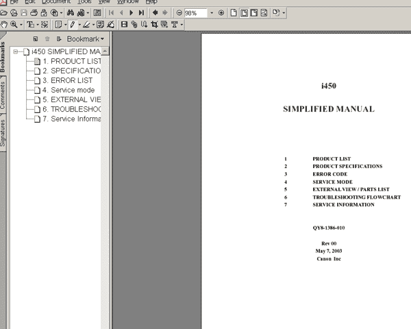CANON i450 printer<br> Simplified Service Manual
