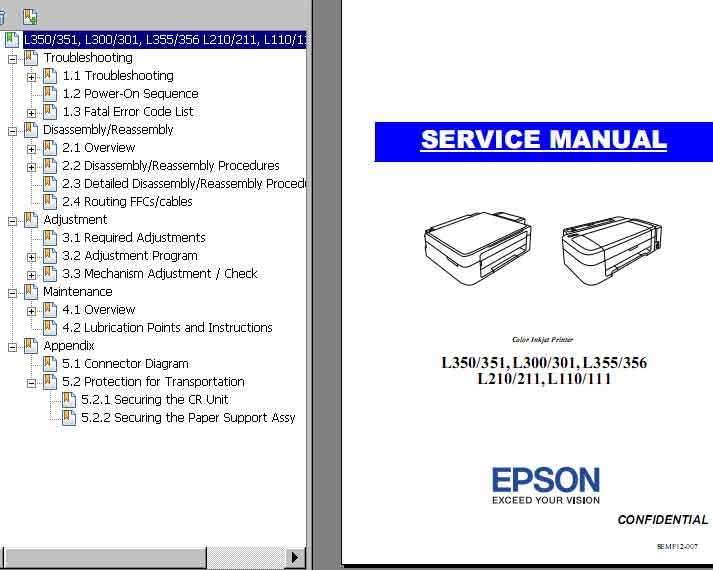 Epson <b>L110, L111, L210, L211, L300, L301, L350, L351, L355, L356</b> printers Service Manual  <font color=red>New!</font>