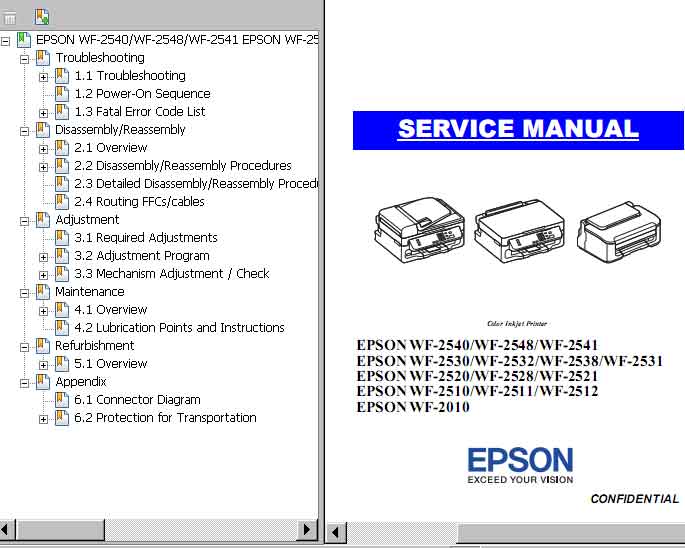 Epson <b>WF-2010, WF-2510, WF-2511, WF-2512, WF-2520, WF-2521, WF-2528, WF-2530, WF-2531, WF-2532, WF-2538, WF-2540, WF-2541, WF-2548</b> printers Service Manual  <font color=red>New!</font>