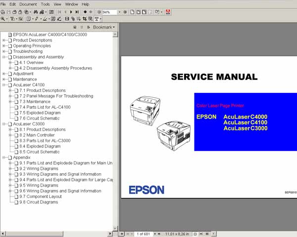 Epson AcuLaser C3000, C4000, C4100 Color Laser Printers<br> Service Manual and Parts List