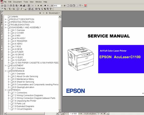 Epson AcuLaser C1100 Color Laser Printer<br> Service Manual and Parts List