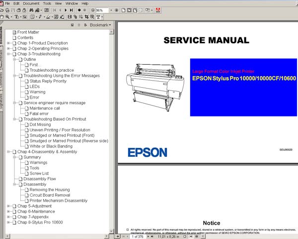 Epson Stylus Pro 10000, 10000CF, 10600, PX10 Printers Service Manual