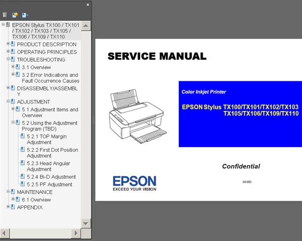 Epson STYLUS TX100, TX101, TX102, TX103, TX105, TX106, TX109, TX110 printers Service Manual <br><font color=red>New!</font>