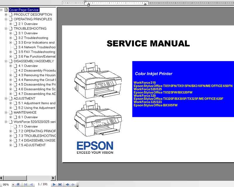 Epson TX320F, TX325F, TX510FN, TX515FN, TX525FW, BX305FW, BX310FN, BX320FW, ME OFFICE 620F, 650FN, WorkForce 310, 320, 323, 325, 430, 435, 520, 525 printers Service Manual