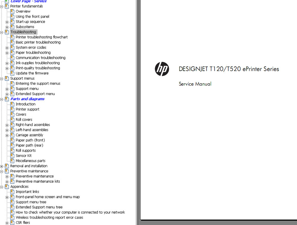 HP Designjet T120, T520 Printers Service Manual,  Parts List and Diagrams