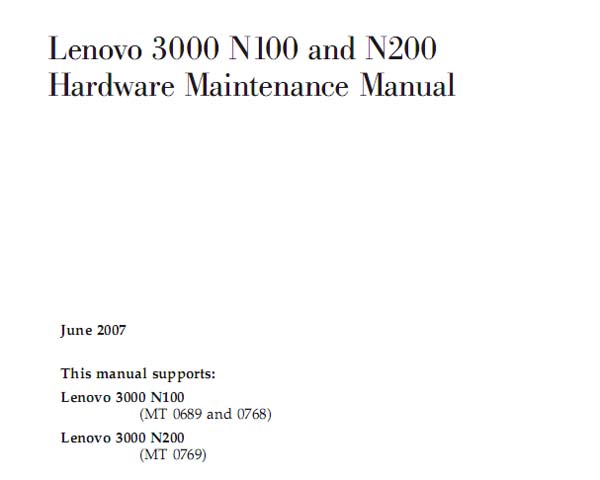 Lenovo  3000  N100, N200 Notebook <br>Hardware Maintenance Manual  (Service Manual)
