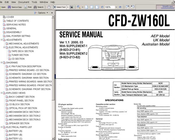 Sony CFD-ZW160L player <br>Service Manual, Circuit Diagram and Parts Replacement List  <br> <font color=red>New!</font>