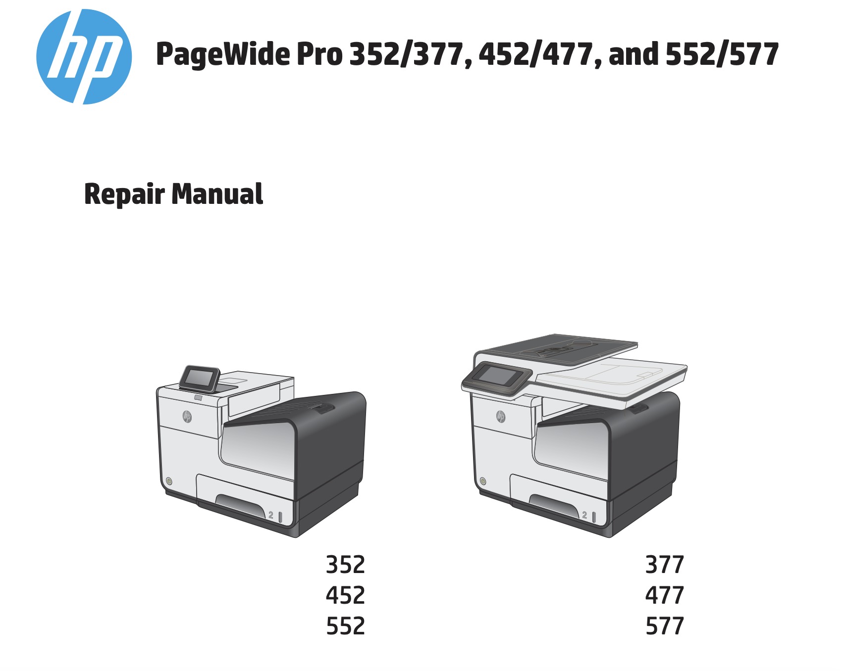HP PageWide Pro 352/377, 452/477, and 552/577 Service Repair Manual,  Parts List and Diagrams