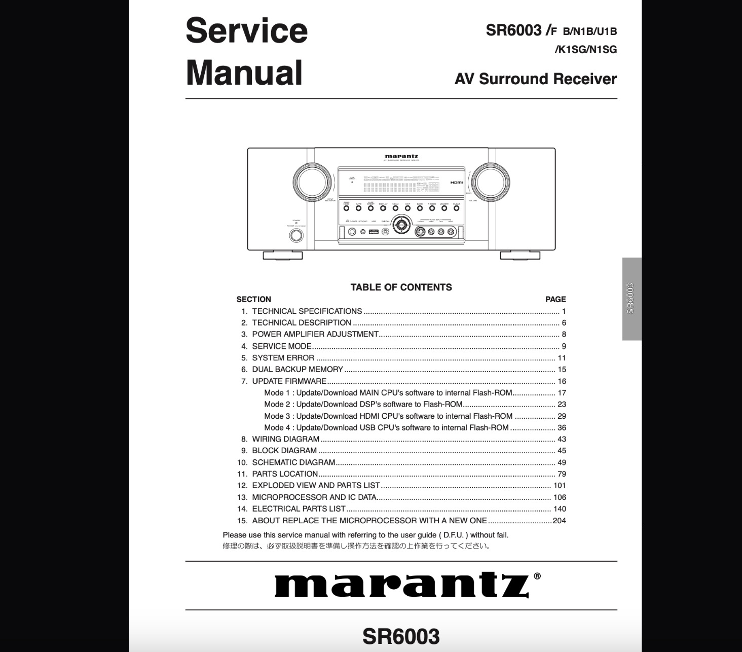 Marantz SR6003 AV Surround Receiver Service Manual, Parts List, Exploded View, Wiring and Schematic Diagram