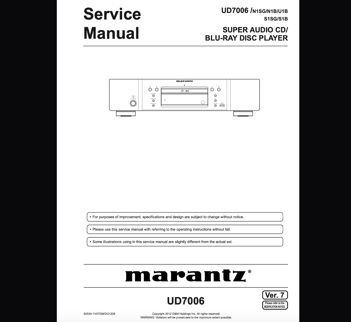 Marantz UD7006 / N1SG / N1B / U1B S1SG / S1B SUPER AUDIO CD /  BLU-RAY DISC PLAYER Service Manual, Exploded View, Schematic Diagram, Cirquit Description