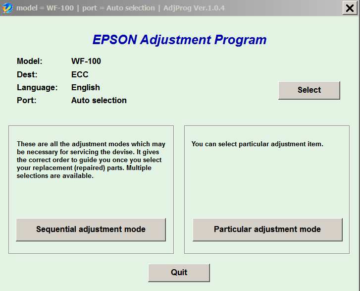 Epson <b>WorkForce WF-100</b> (ECC) Ver.1.0.4 Service Adjustment Program